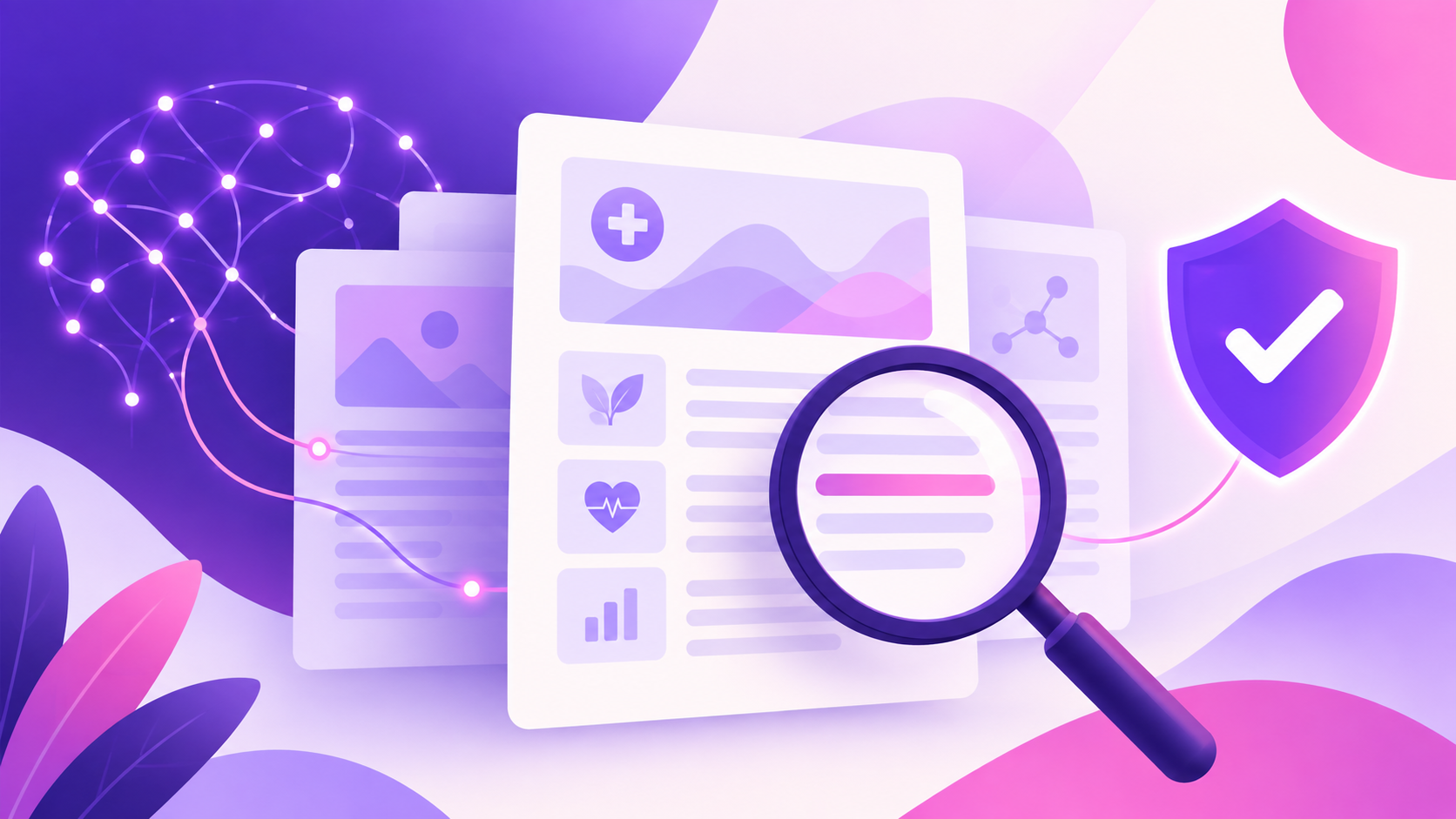 Ilustração abstrata de documentos produzidos por IA sendo revisados com lupa e selo de verificação